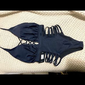 Black One piece halter top Cutout Swim Suit- Large